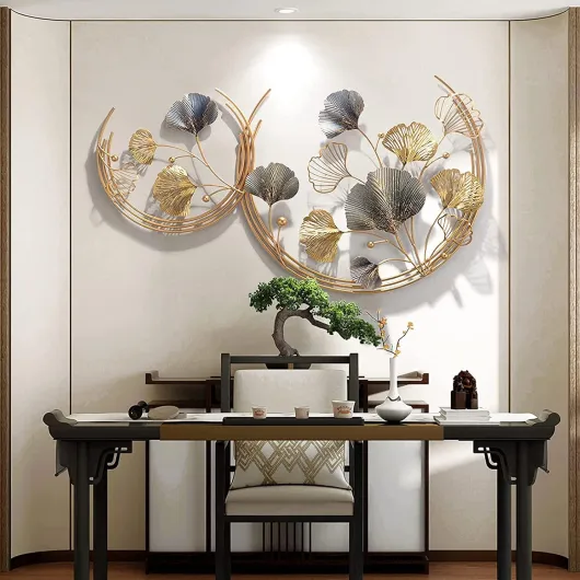 BHKERUZ Statue de décoration Murale de Feuille de Ginkgo en Fer forgé Moderne, Maison Salon Mur Artisanat entrée Couloir décoration Murale Ornement,110 * 67cm