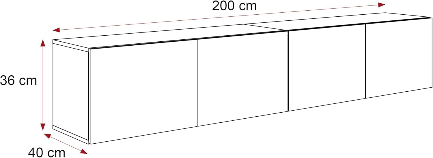 200 cm Meuble TV Suspendu 200 cm avec Rangement et LED - Meuble TV Mural avec 4 Compartiments Spacieux Blanc Brillant 200x40x36cm