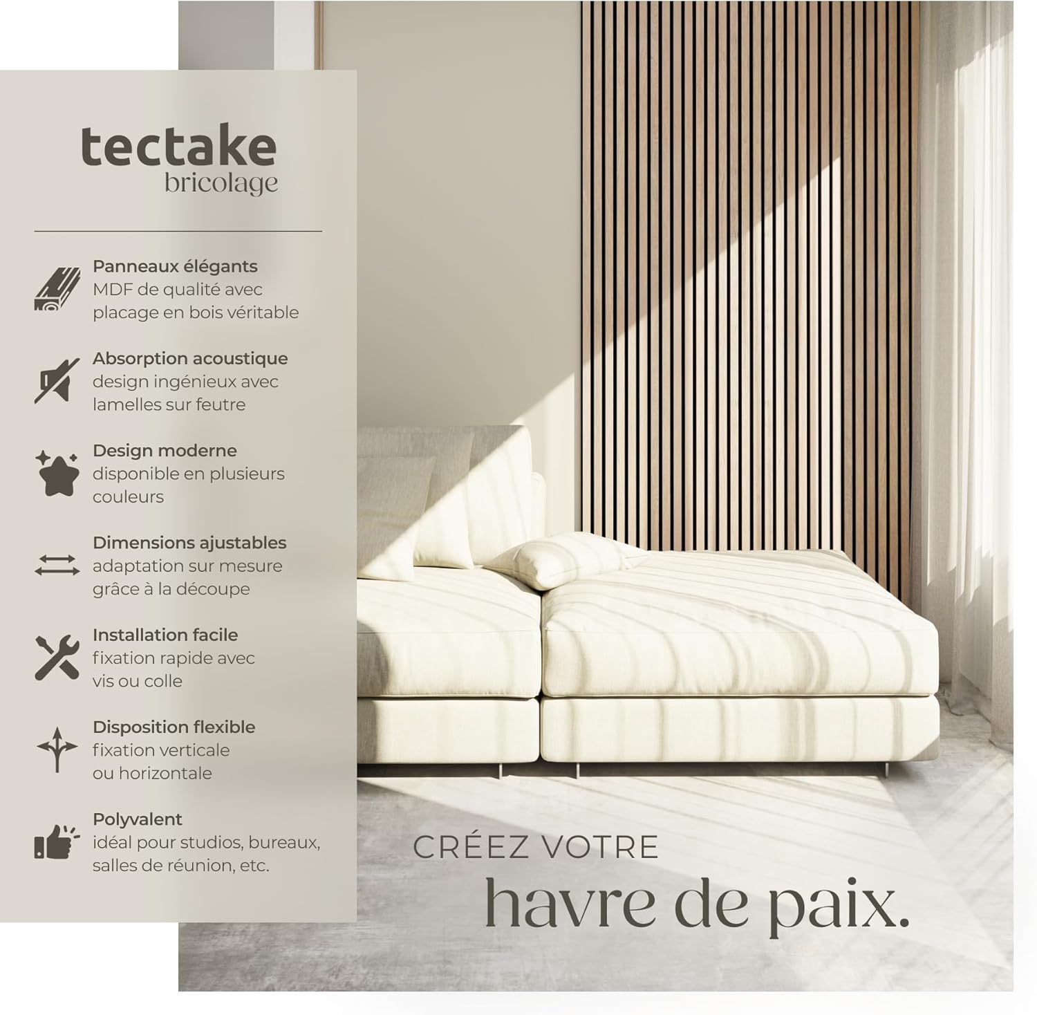 ® Lot de 4 Panneaux Acoustiques muraux et pour plafond, en Bois MDF, 110 x 50 x 1,8 cm, Feutre insonorisant, Panneau Mural decoratif pour Isolation phonique Chambre, Bureau, Studio de musique Lot de 4 Chêne Clair