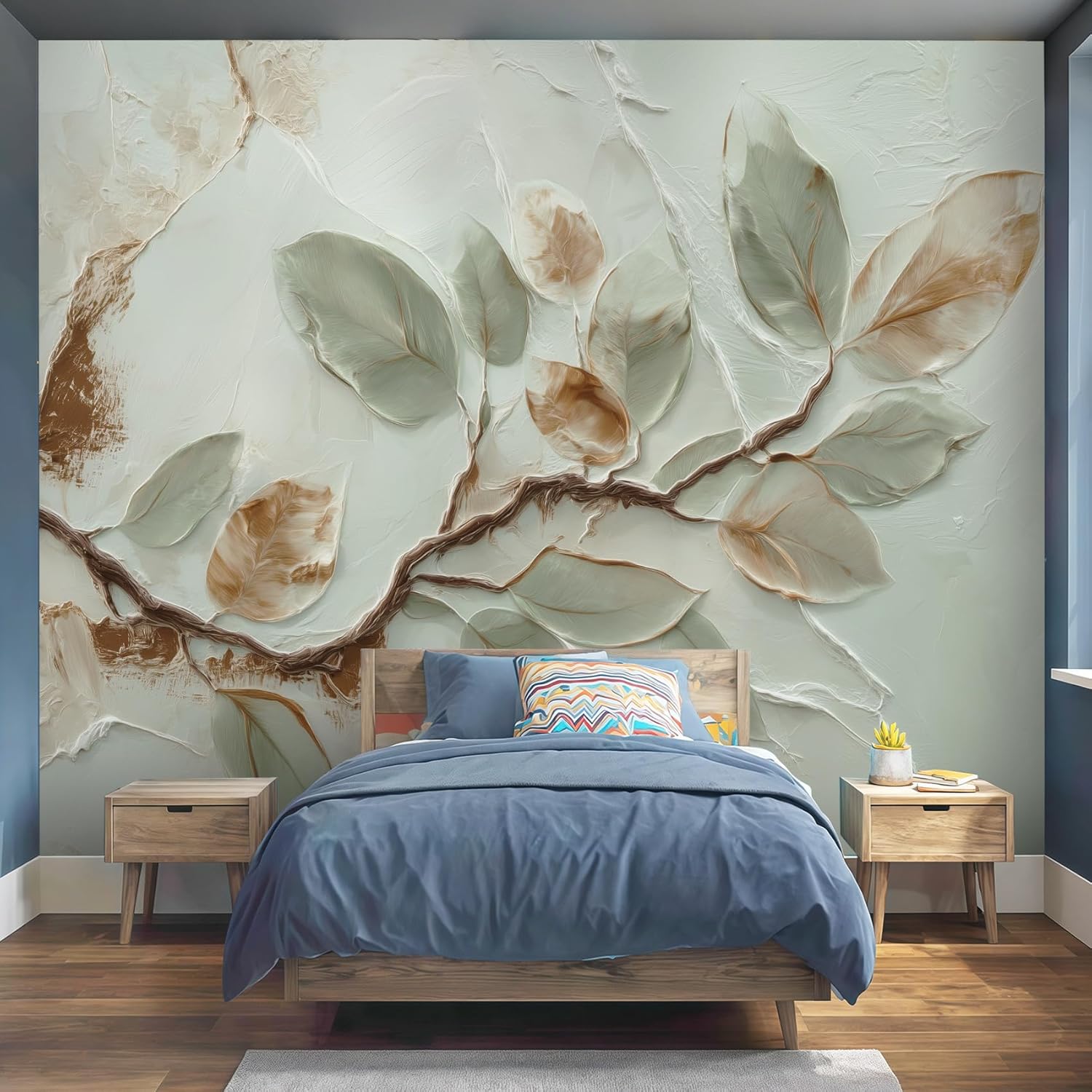 Générique Feuille Verte Papier Peint Panoramique Branche Relief Papier Peint Vert Clair Intissé Salon Chambre Mural Décoration 400 x 280 cm Vert Clair 400 x 280 cm