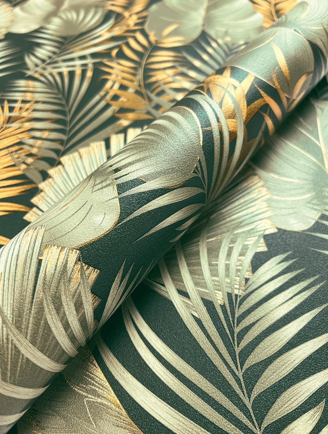 NEWROOM Papier peint Vert Jungle Intissé - Moderne Or Métallique Feuilles Feuilles de Palmier Tropical