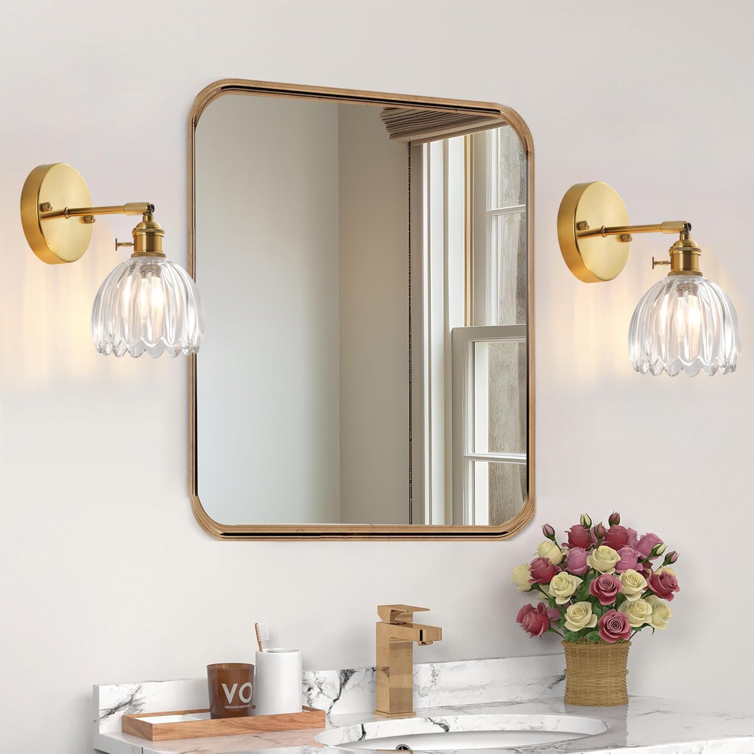 Lots de 2 Applique Murale Fleur Vintage Laiton Doré et Verre avec Interrupteur Lampe Murale Vintage E27 Luminaire Murale pour Salle de Bain Chambre Salon Cuisine 2 Pack Transparente