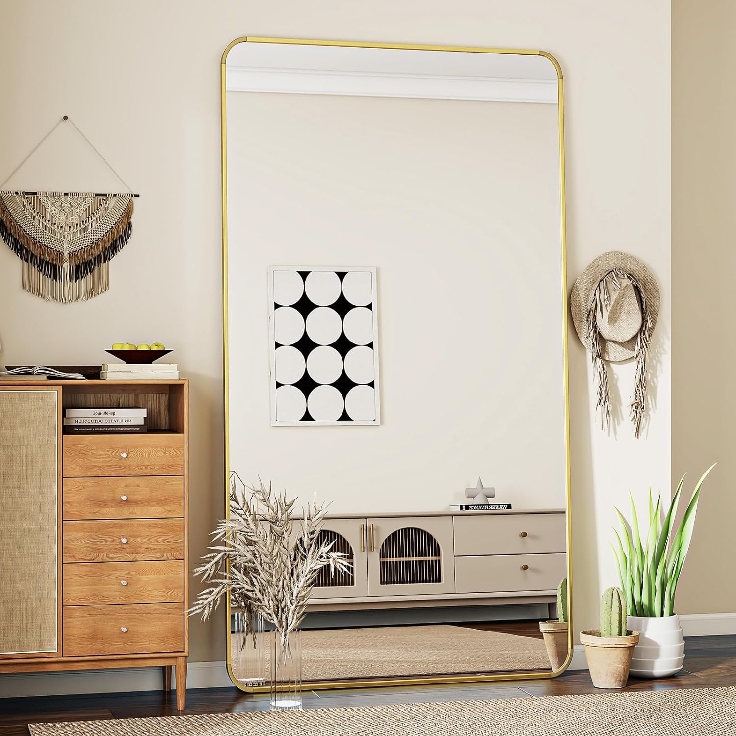 Koonmi Miroir vertical pleine longueur avec coins arrondis 76 x 171 cm, grand miroir sur pied surélevé avec support et porte-manteau mural pour chambre à coucher Or 171L x 76l cm
