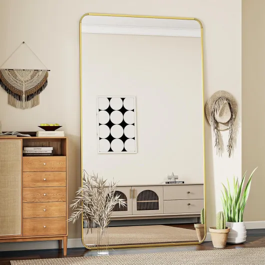 Koonmi Miroir vertical pleine longueur avec coins arrondis 76 x 171 cm, grand miroir sur pied surélevé avec support et porte-manteau mural pour chambre à coucher Or 171L x 76l cm