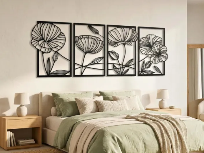 Lot de 3 fleurs décoratives murales géométriques en bois - Décoration murale 3D - Grande décoration murale pour chambre à coucher, salon et cuisine (Fleurs 4)