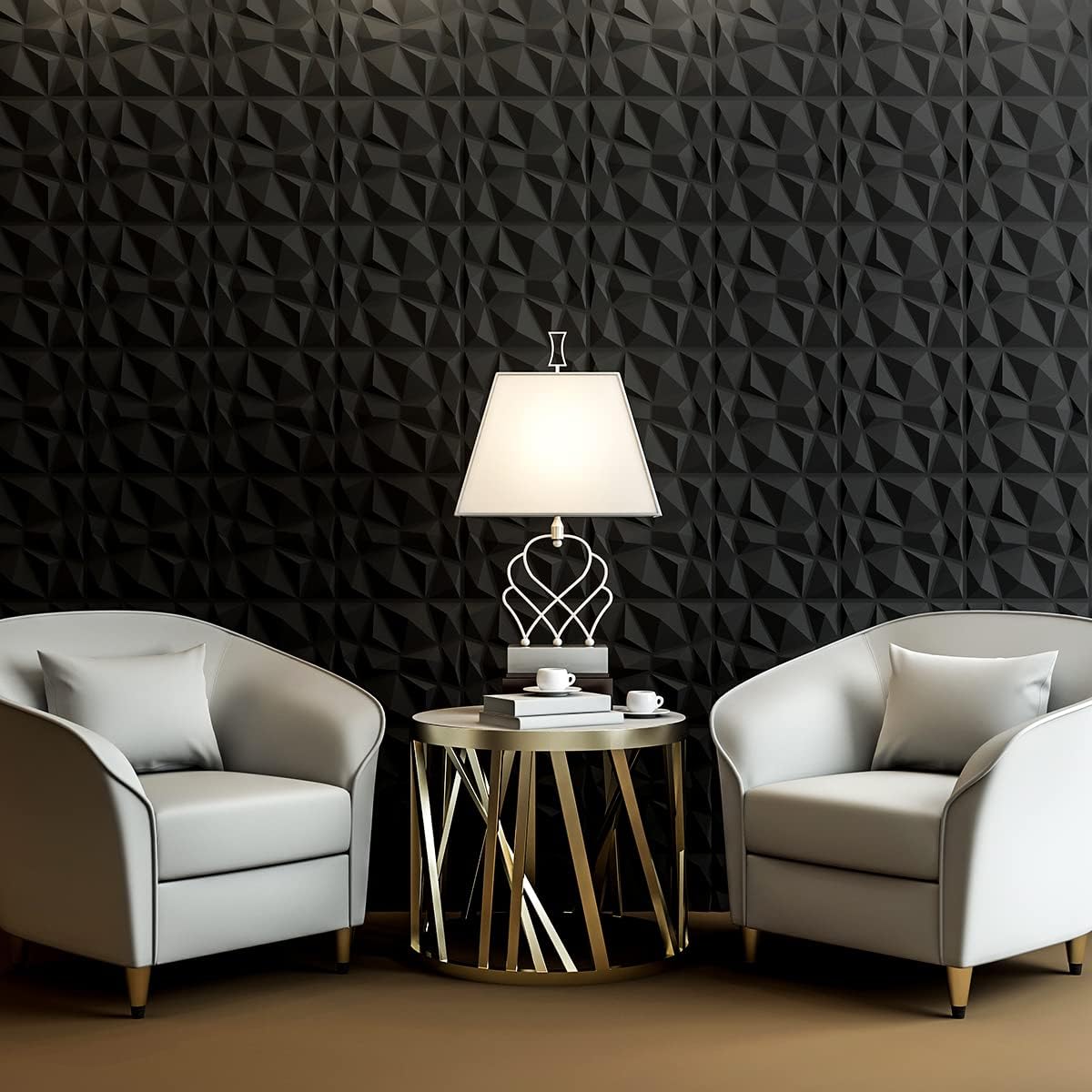 Lot de 33 panneaux muraux décoratifs 3D en forme de diamant, noir mat, 30 x 30 cm