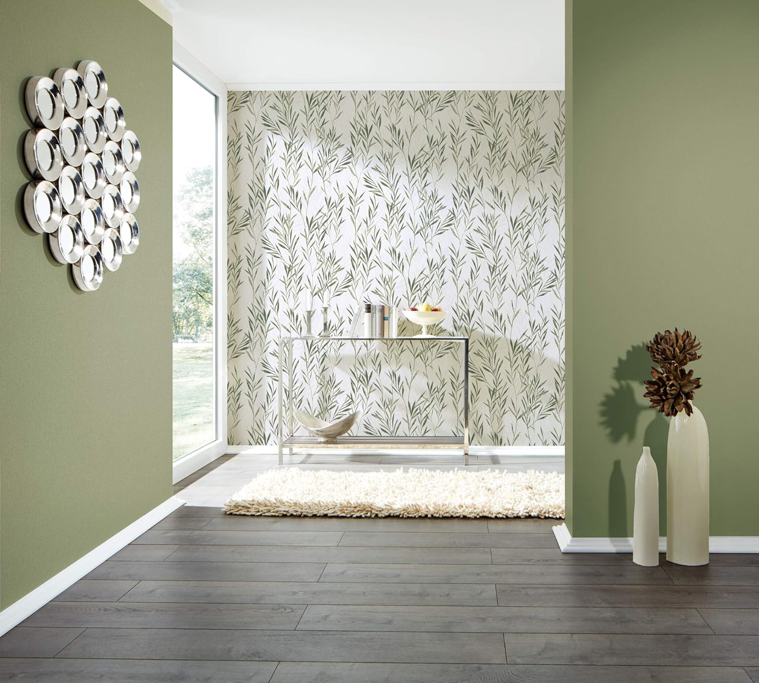 A.S - Création papier peint intissé à motif de feuilles en vert, blanc – papier peint décoratif 10,05 m x 0,53 m – 367123 Vert;blanc