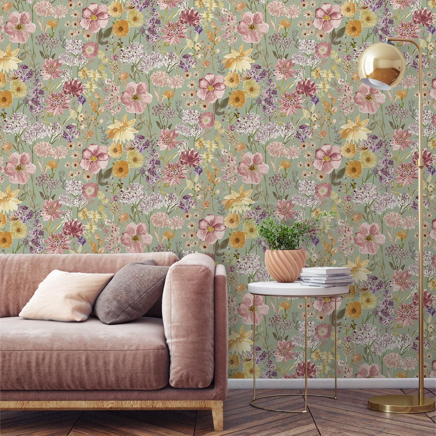 Papier peint floral sauvage, rose, vert, jaune, fleur naturelle