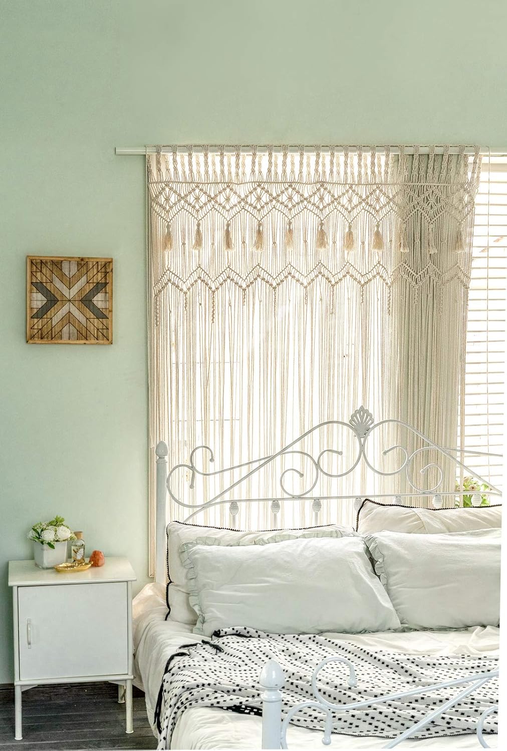 Mkono Grand rideau en macramé tissé bohème à suspendre au mur ou à la fenêtre,Décoration bohème faite à la main pour fenêtre, porte, placard, toile de fond de mariage, appartement,130x178 cm (lxL) 1 129.5L X 180H cm (1 Panneaux)