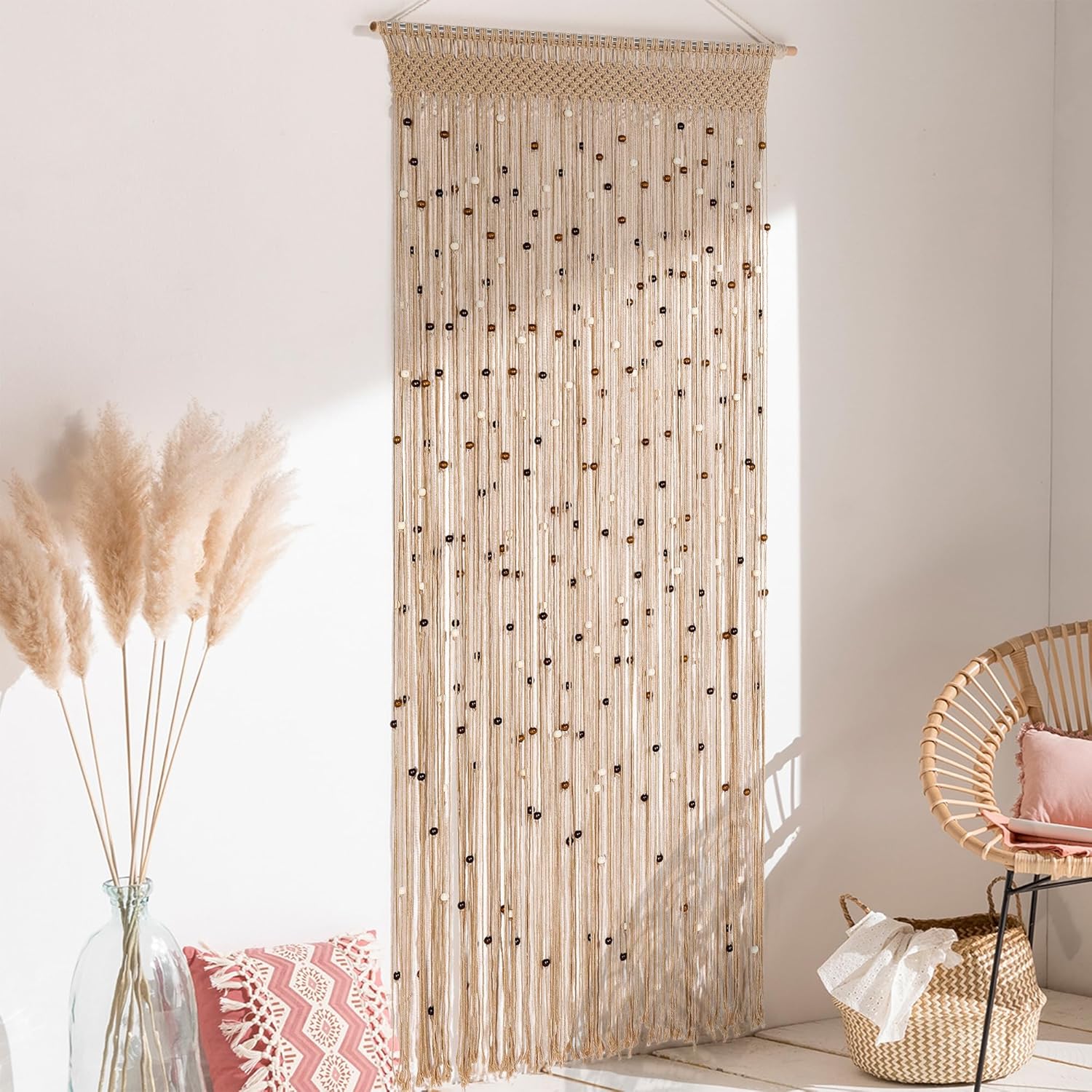 BECHAEO Rideau de perles en macramé fait à la main en coton pour porte, fenêtre, perles en bois et pompons à suspendre, séparateur de pièce, couloir, placard, chambre à coucher, décoration d'intimité, 88.9L X 200.7H cm (1 Panneaux)